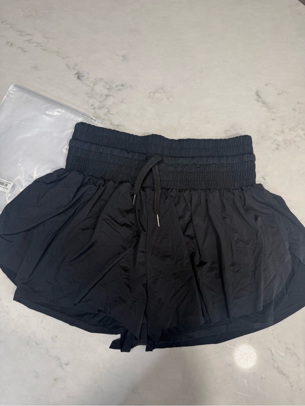 High-Waist Black Smocked Waistband Drawstring Shorts